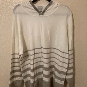 Chico's Women's Cream and Silver glitter hooded Striped Sweater